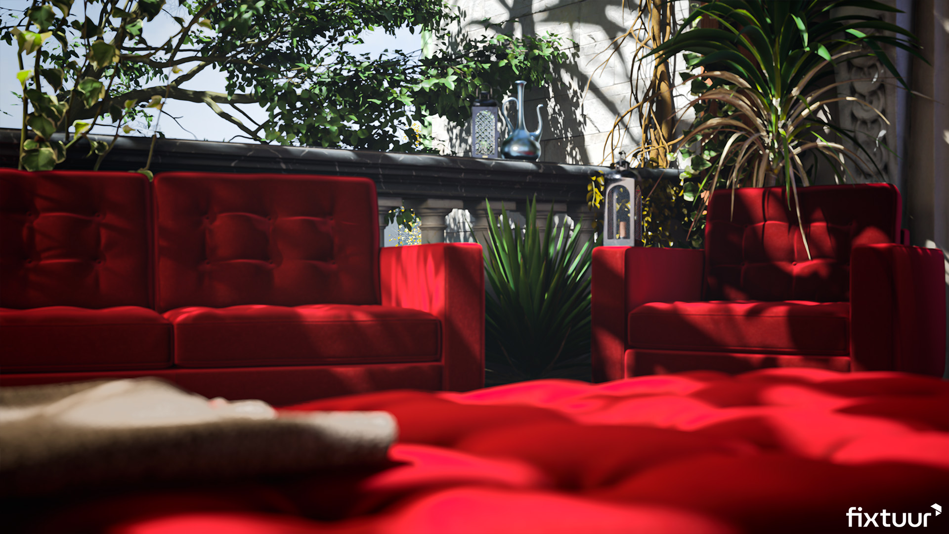 Fixtuur — outdoor red velvet seating